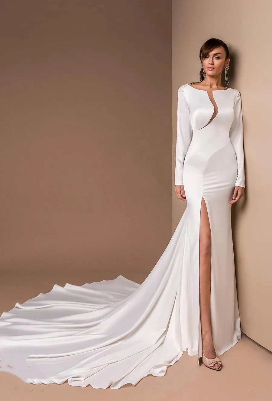 Lussuoso sexy sirena girocollo spacco laterale abito da sposa manica lunga pizzo invisibile backless decalcomania abito da sposa bohémien