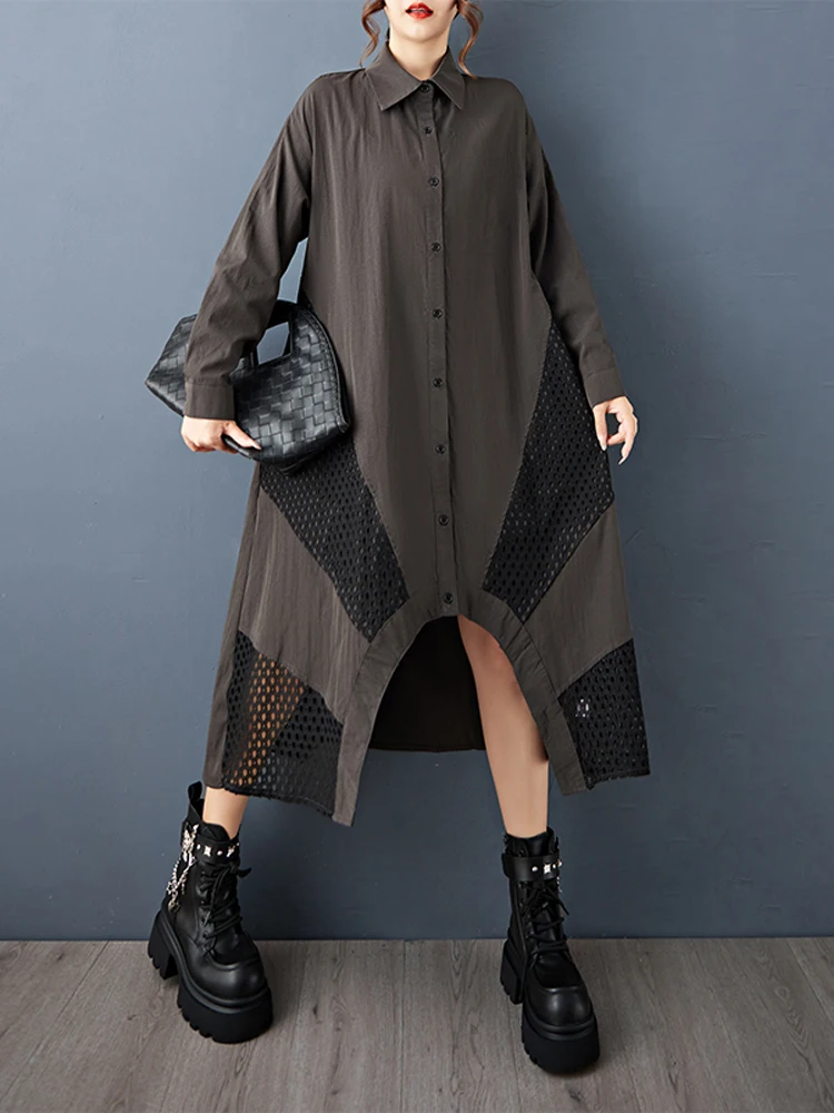 NYFS Abito camicia patchwork in rete vintage allentato taglie forti Autunno 2025 Abito da donna a maniche lunghe