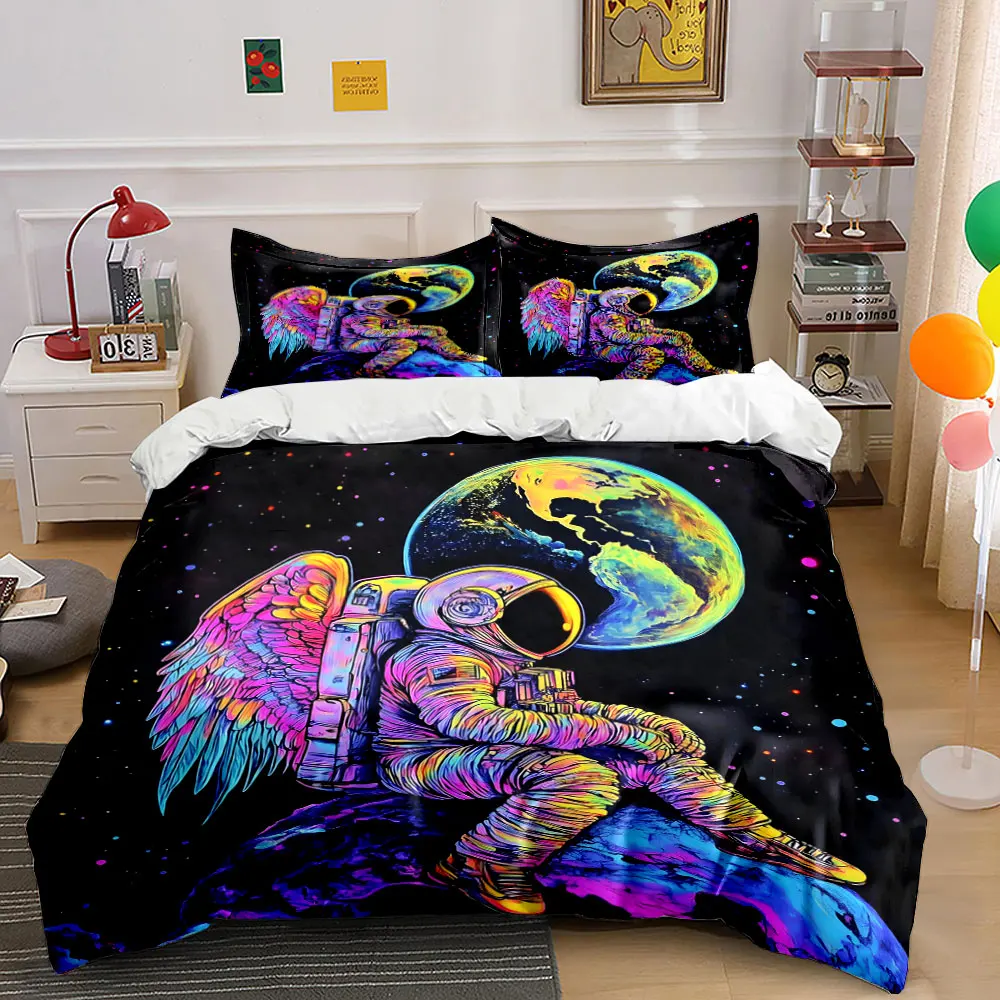 Astronaut with Colorful Wings and Earth Print Bedding Set 1 Duvet Cover 2 Pillowcases for Adult and Children Luxury Gift