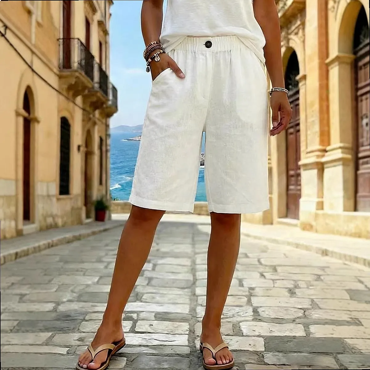 Women Linen Blend Shorts Summer Casual Shorts High Waist Solid Cotton Short Pants