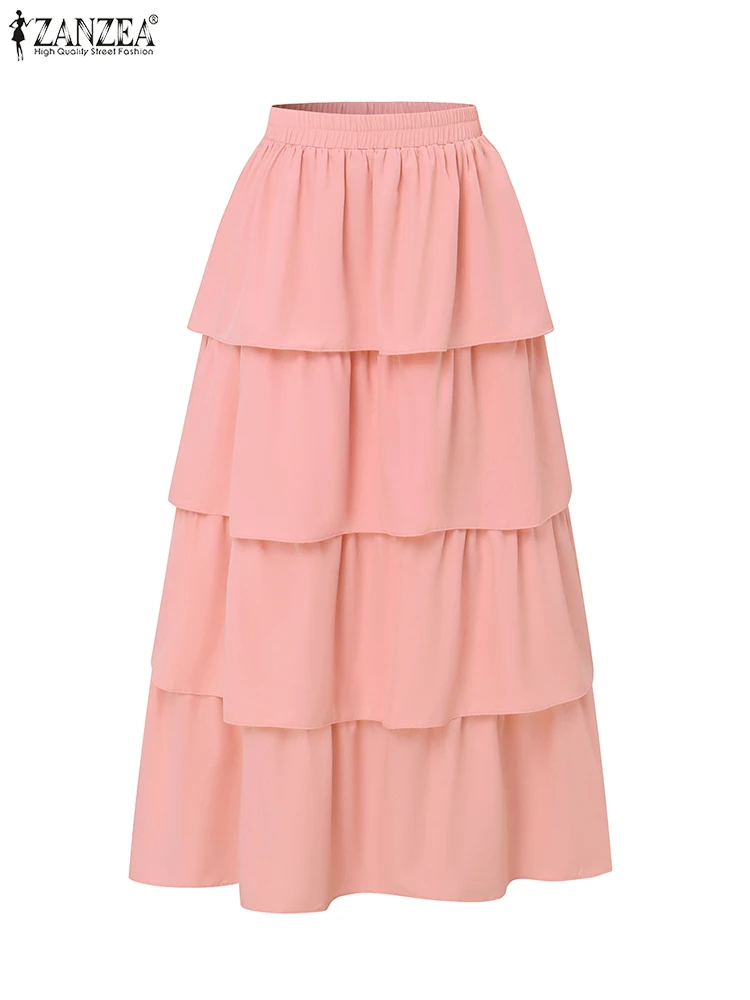 

ZANZEA, элегантные макси-юбки с рюшами, женские летние плиссированные юбки-торты, мода 2025, однотонные повседневные свободные длинные плавки с высокой талией