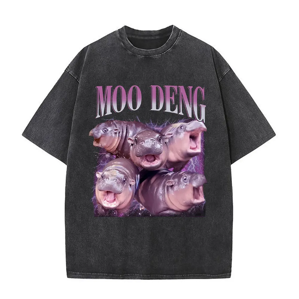 I Love Moo Deng Hold on I'm Overstimulate Funny T-shirts Cute Baby Hippo T Shirt Men Women Harajuku Vintage Washed T-shirt Tops