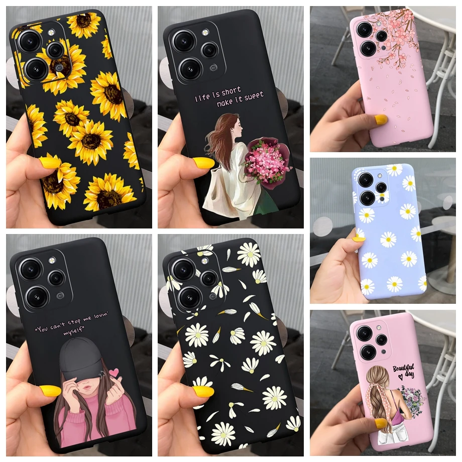 For Redmi 12 4G Phone Case Back Cover For Xiaomi Redmi12 Soft Silicone Ultra Slim Bumper Shell With Flower Cute Girl Print Coque