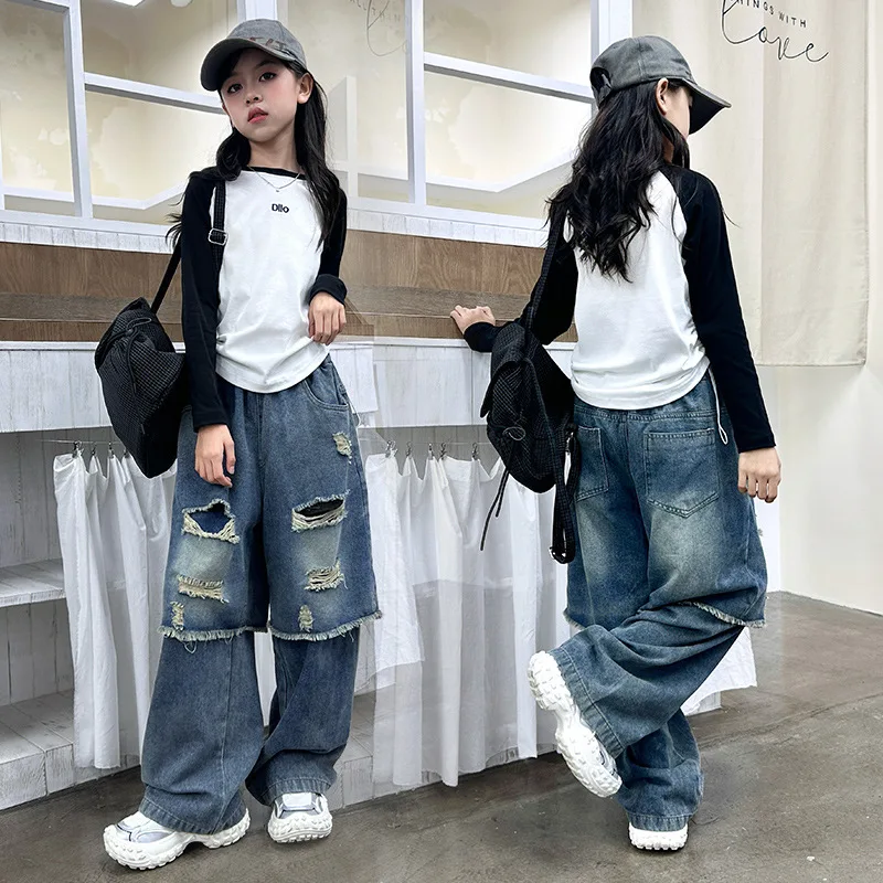 Girls' Trendy Ripped Jeans Straight-Leg Pants Autumn Fashion Trousers Cool Fall Style Children's Clothing