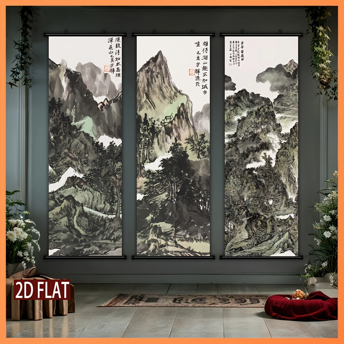 VIKAMA Chinese Style Ink Wash Landscape Scroll Tapestry, HD Non Fading Wall Scroll Painting for Living Room Decor