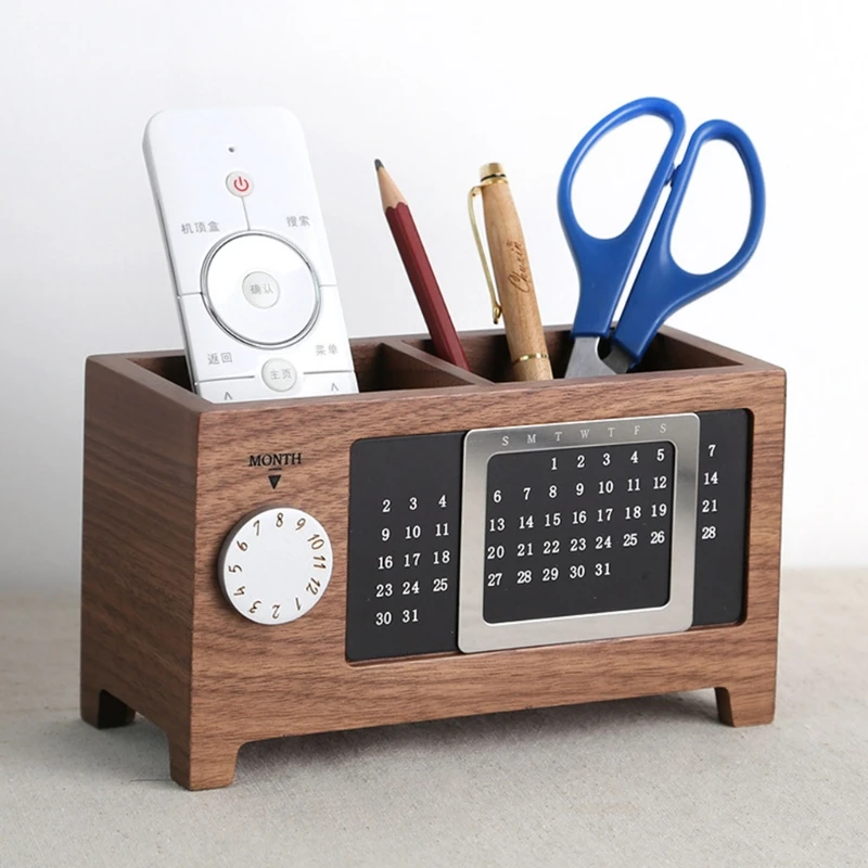 Creative Wooden Calendar Pen Holder Multifunctional Desktop Organizer Stationery Pencil Storage Box Remote Control storage Box