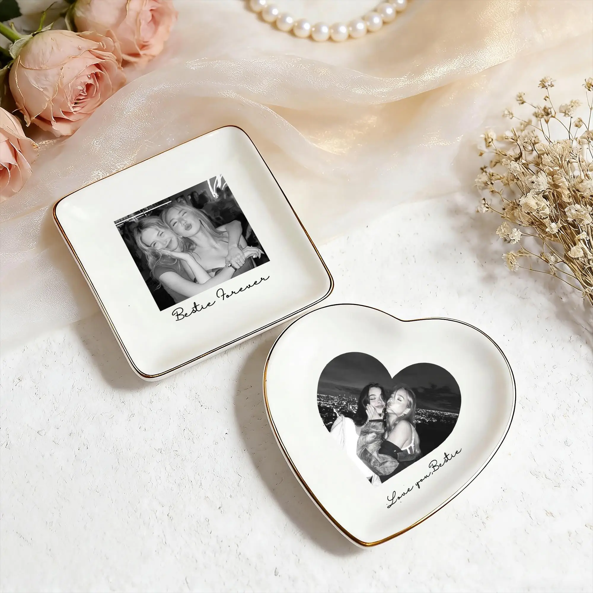 Personalised Bestie Photo Trinket Dish, Custom Jewelry Ring Dish, Bridesmaid Proposal, Ceramic Trinket Tray for Wedding Gift