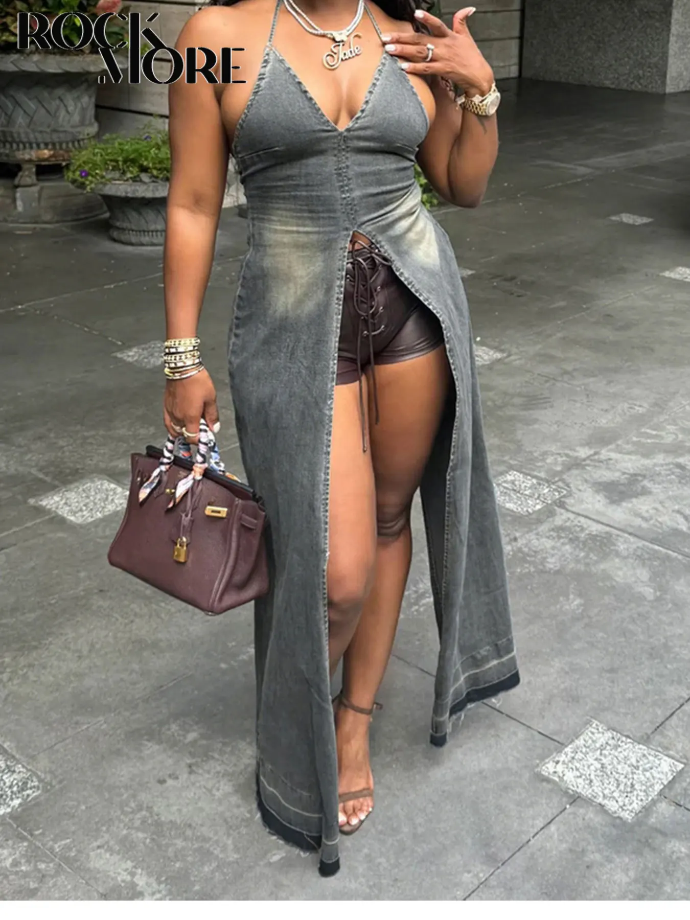 

Rockmore Wholesale Retro Denim Split Long vest Summer New top Waist Long Sleeveless y2k Sexy Denim Spaghetti straps tank tops