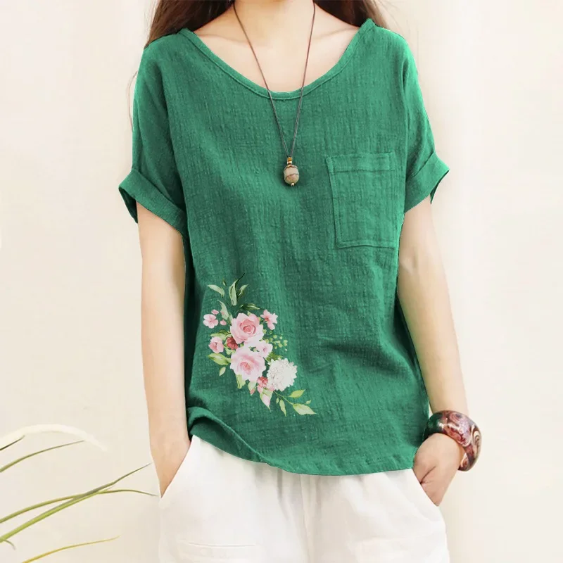 جديد بلون فضفاض القطن الكتان البلوزات النسائية الصيف طباعة قمصان عادية كم قصير س الرقبة الصلبة قميص عطلة القمم #4