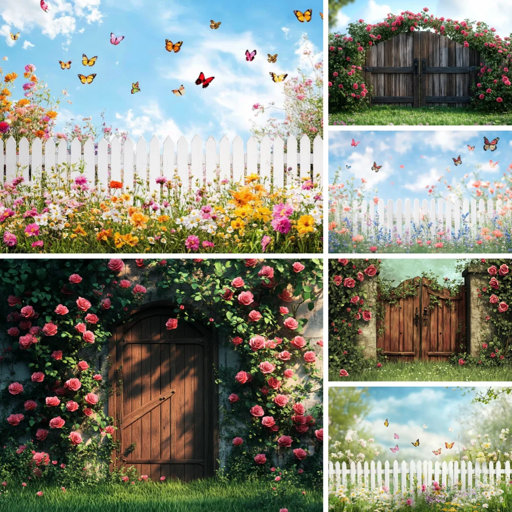 

Spring Nature Landscape Photography Backdrop Butterfly Forest Flowers Garden Kids Wooden Door Baby Shower Photo Background Decor
