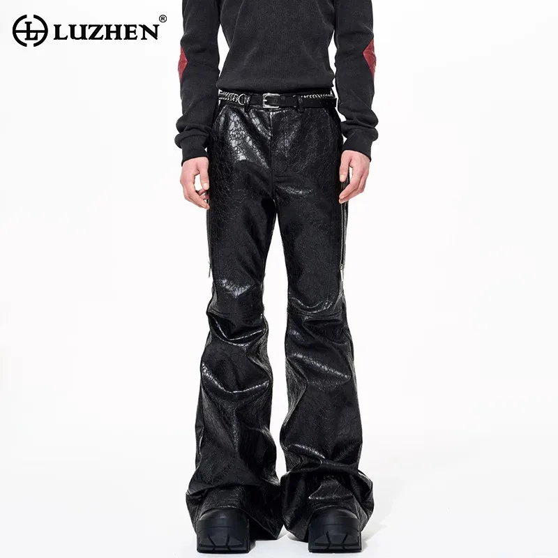 LUZHEN 2025 New Fashion High Quality Street Style Slim Bell-bottoms Leather Trousers Men's Handsome Original Casual Pants JY5445