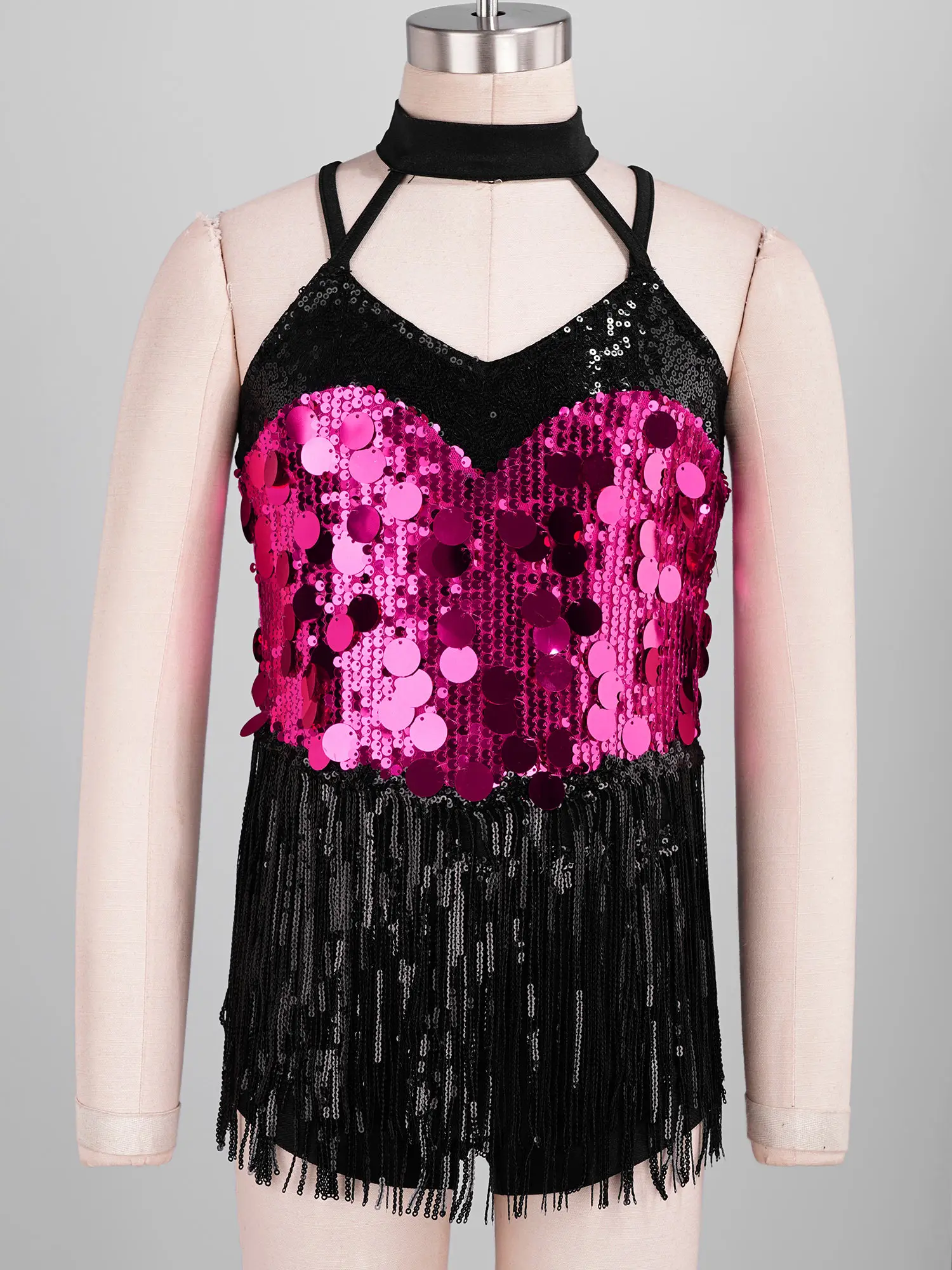 Kids Girls Tassels Latin Dance Dress Sleeveless Strappy Sequins Fringed Dress And Gloves for Jazz Ballet Dance Stage Performance