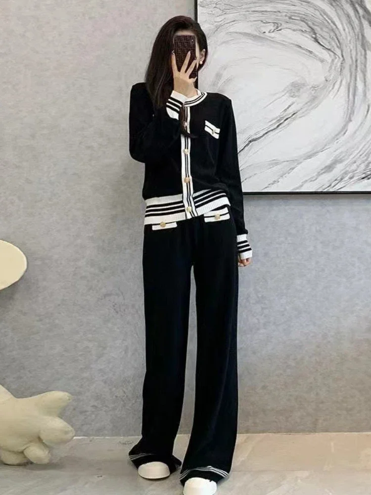 Autumn/Winter Casual Two Piece Sets Single Breasted Stripes Patchwork Knitted Cardigan Sweater and Wide Leg Pants Female Suit