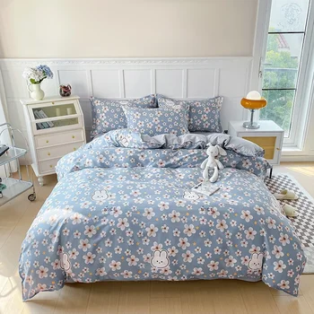Flower plants duvet cover set 100% cotton 3pcs blue duvet cover with 2 pillowcases skin-friendly soft bedding sets for all season