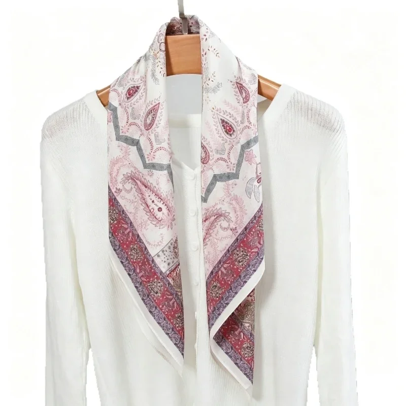 100% Mulberry Silk Double Crepe Square Scarf Romantic Pink Paisley Pattern Luxury All Match Female Daily Fashion Neck Accessory