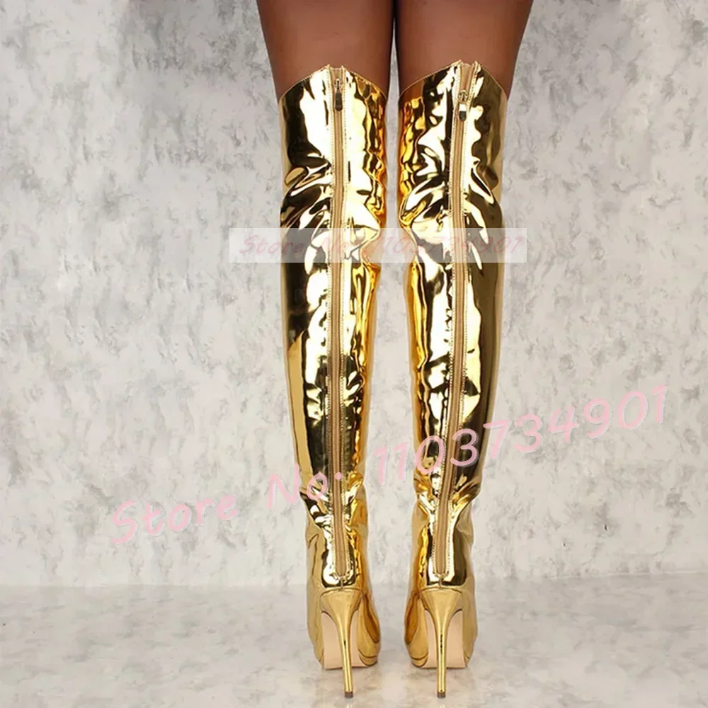 Silver Lace Up Zipper Thigh High Boots Women Hollow Mirrored Leather Peep Toe High Heels Shoes Female Sexy Fashion Solid Boots