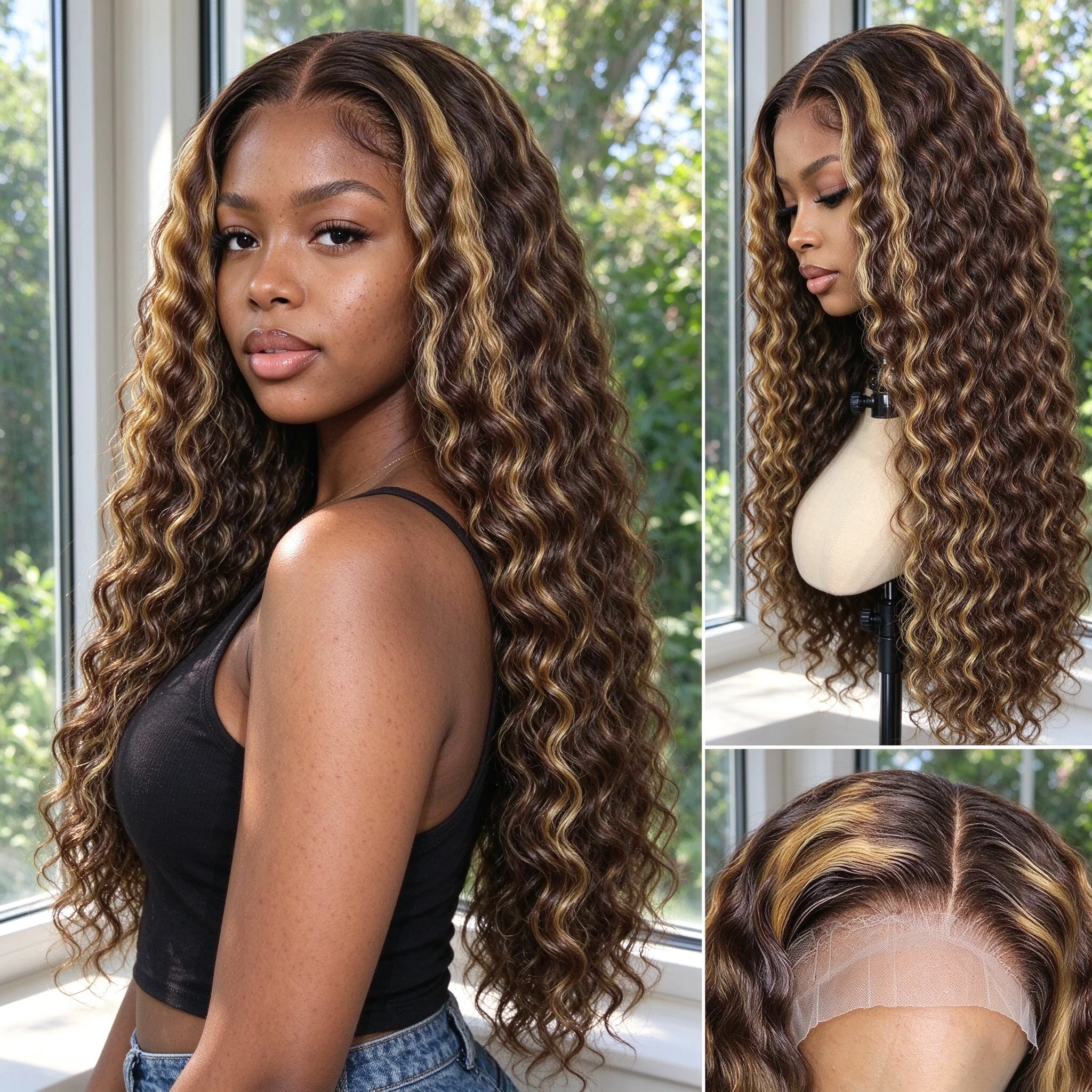 Honey Blonde P4/27 Highlight Deep Wave Wig 100% Virgin Human Hair 13x4 HD Lace Front Pre Plucked 180 Density 18 24 30 Inch Bouncy Neat Curls For Women