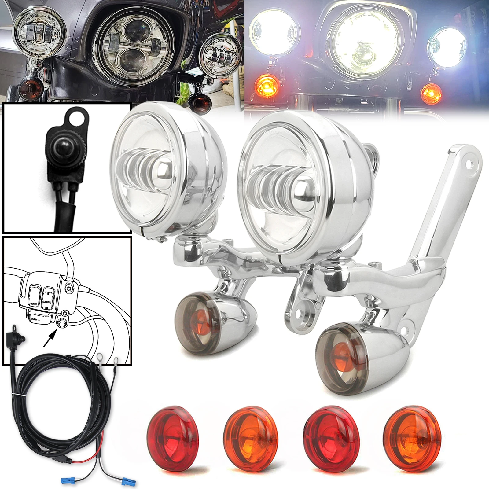 Chrome 4.5' LED Spotlight Auxiliary Passing Lamp for Harley Street Electra Glide Bullet Turn Signal Lights Road King Fog Light