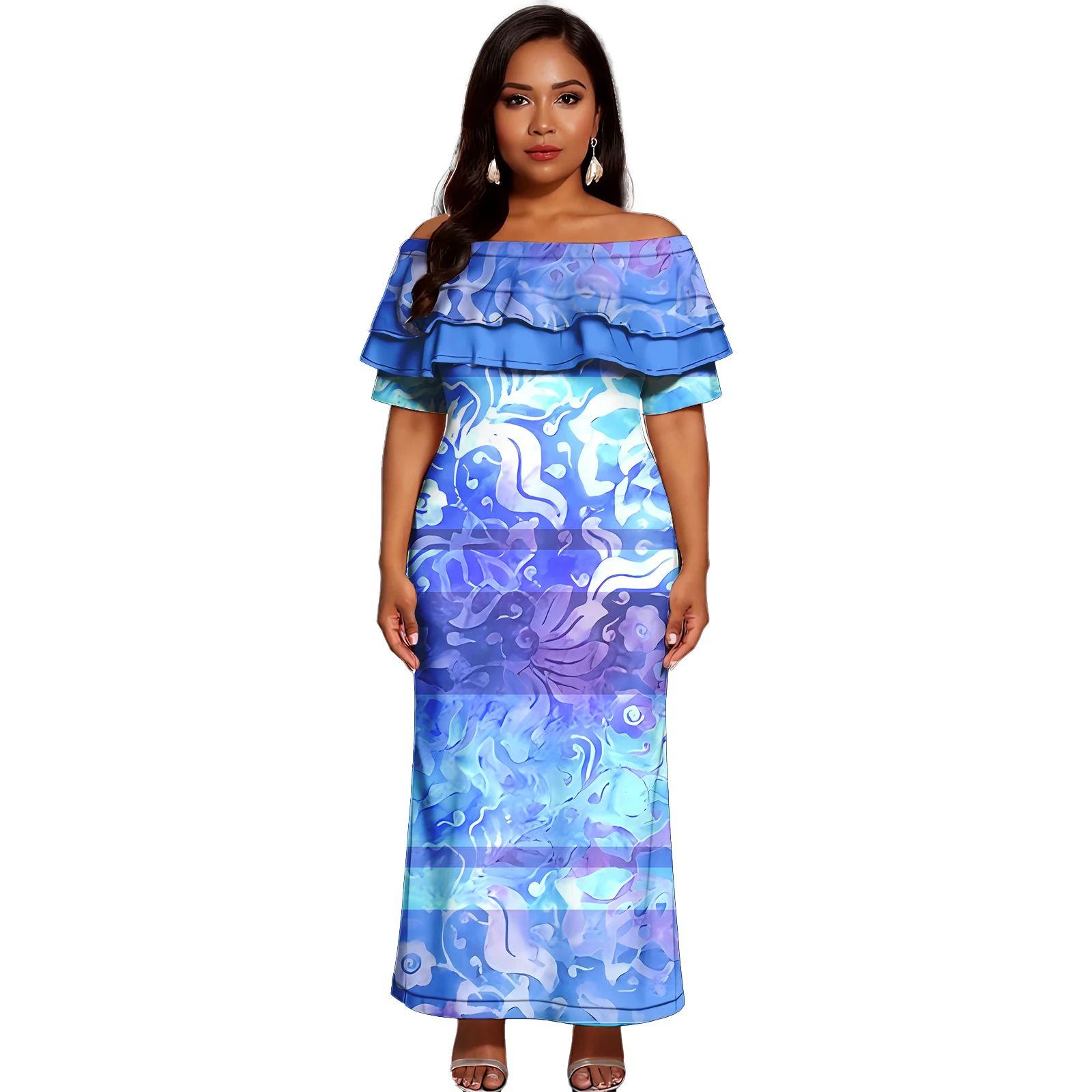 

Пляжное платье с открытыми плечами и оборками для отпуска, Гавайский тропический принт, повседневное полинезийское островное длинное облегающее длинное платье для выпускного вечера