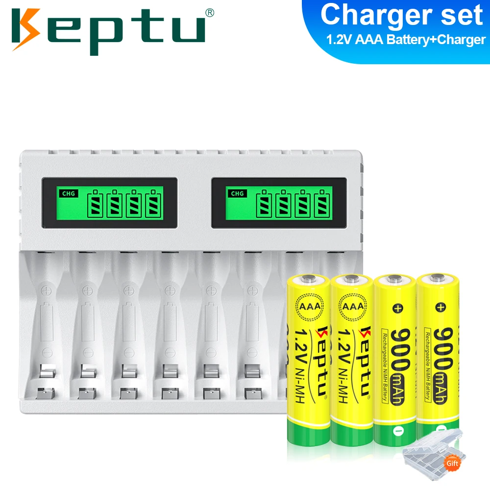 KEPTU 1.2V AAA rechargeable battery Ni-MH 900mAh and 8-Slot LCD Fast AA/AAA battery charger