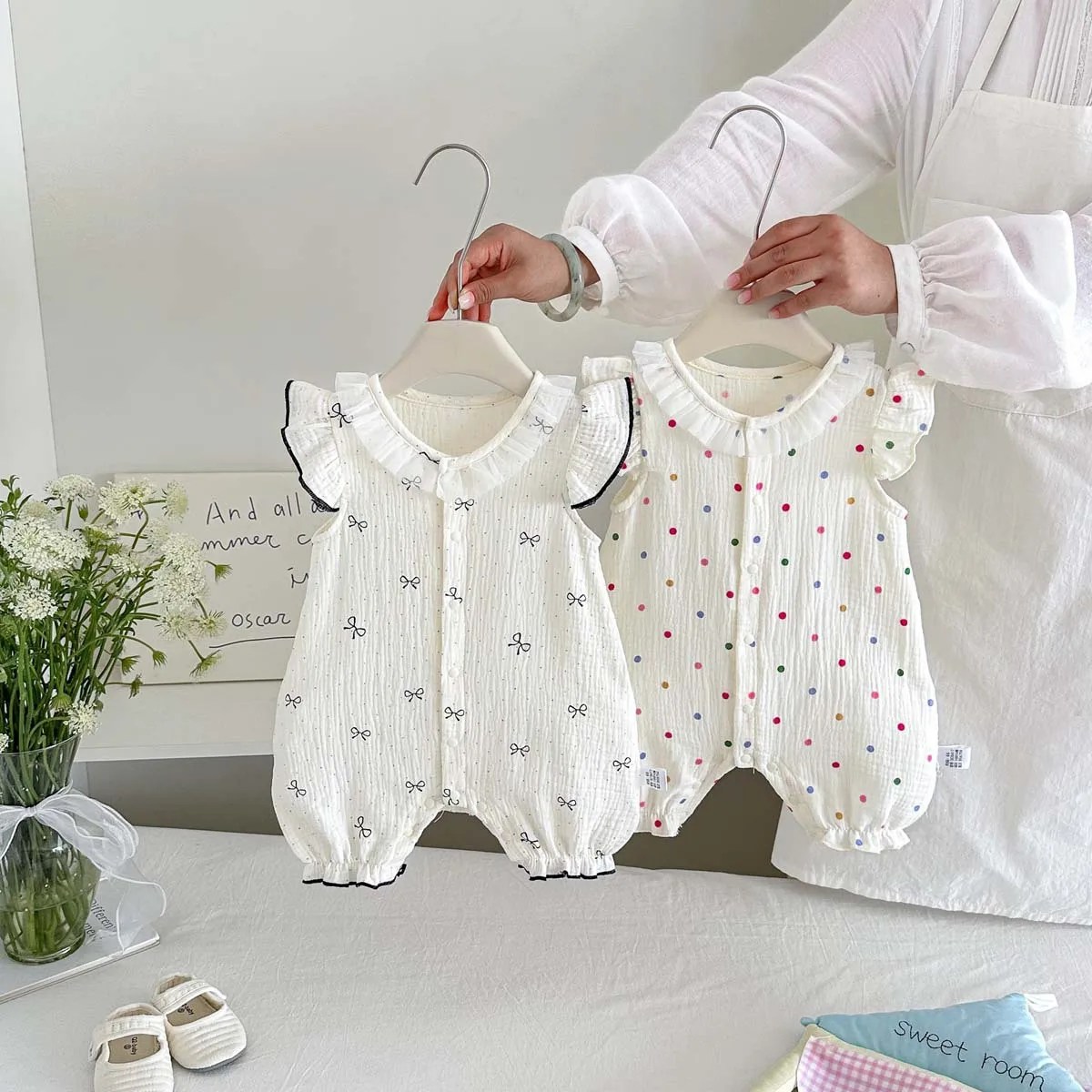 Summer New Girls' Korean Version Pure Cotton Jumpsuit for Infants and Young Children, Lace Collar Crawling Clothes, Thin Version