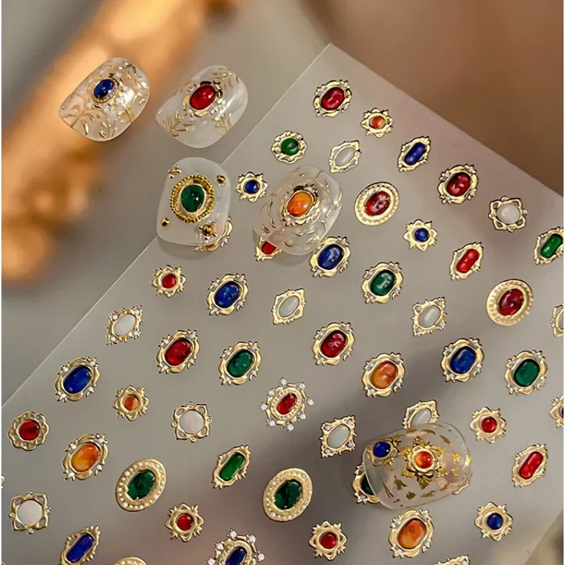 Retro Colorful Gem 5D Nail Art Sticker Luxury Baroque Court Gold Carved Frame Imitation Pearl Self Adhesive Decals Elegant Decor