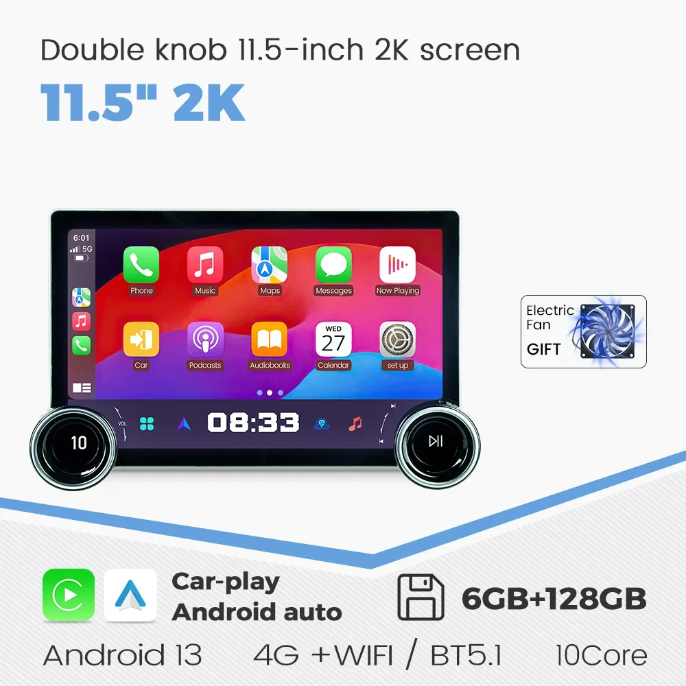 2K Screen Android 13 Dual Knobs 11.5'' Universal Car Radio for Toyota Nissan Honda VW Kia Ford Carplay Auto Audio 10Core BT5.1