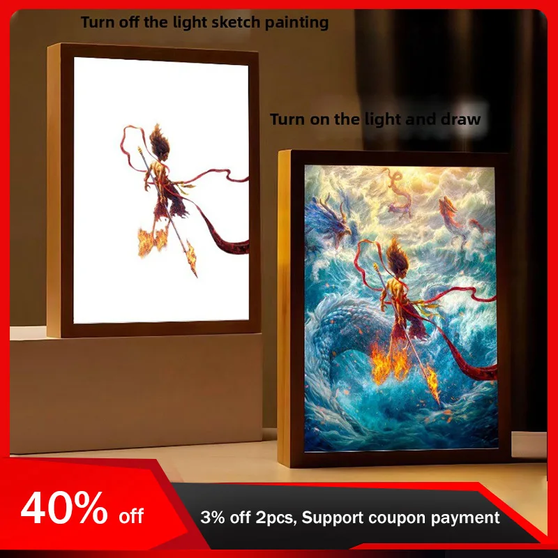 

23cm/9.06in Nezha Light Painting Anime Peripherals Acrylic Plugged in Wooden Cartoon Bedroom Desktop Collectible Display Crafts