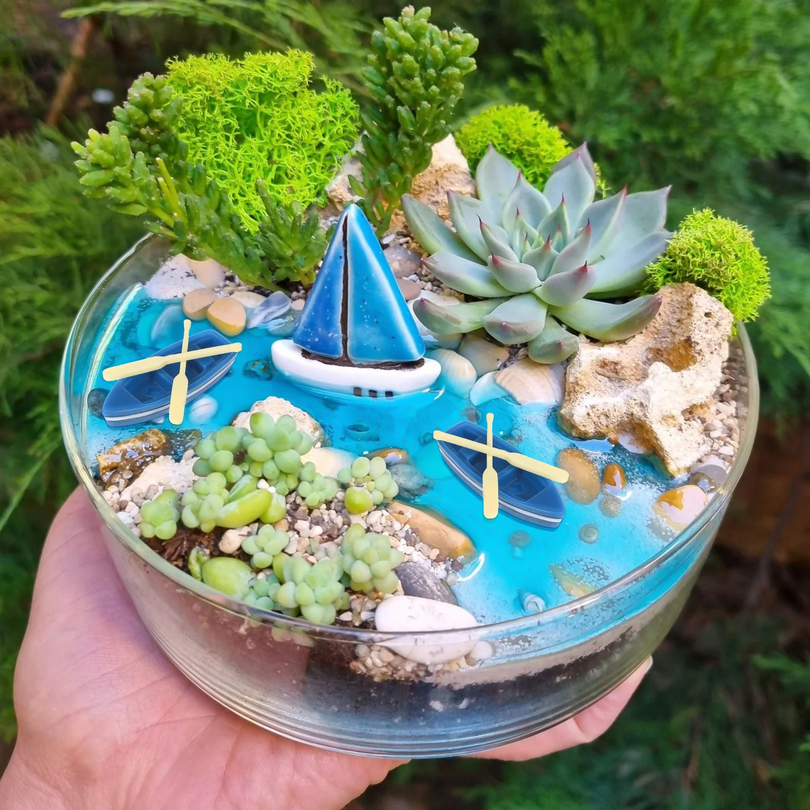 

2 set Miniature Moss Micro Landscape Boat Ornaments Blue Resin 6X2Cm Wooden Quant Decor For Garden Diorama Microscape Mini House