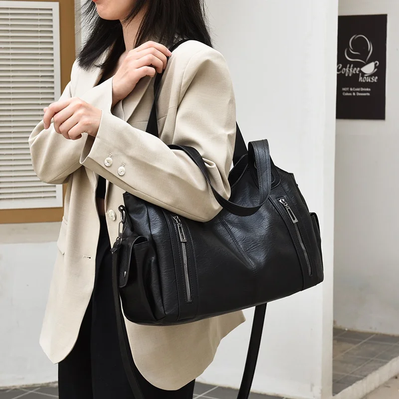 Pu shoulder bag fashionable temperament zipper opening design daily commuter handbag image 3
