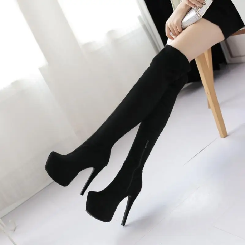 2017New Autumn and Winter over-the-Knee Stretch Women's Boots High Heel Skinny High Leather Boots Stiletto Waterproof Platform o