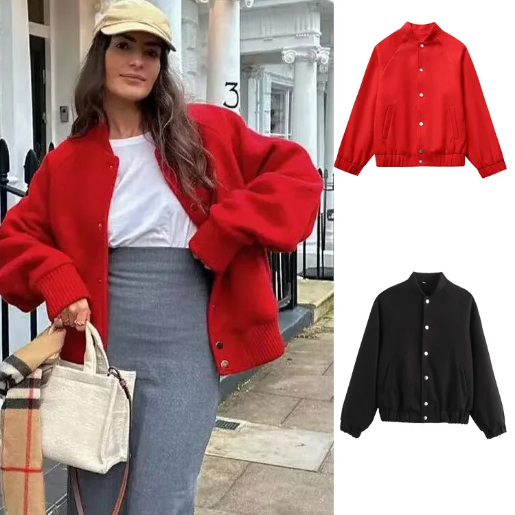 

Autumn Wwinter Women's Red Baseball Jacket European-Inspired Tweed Wool Blend Barre-Chic Bomber Coat 30% Wool OEKO-TEXCertified