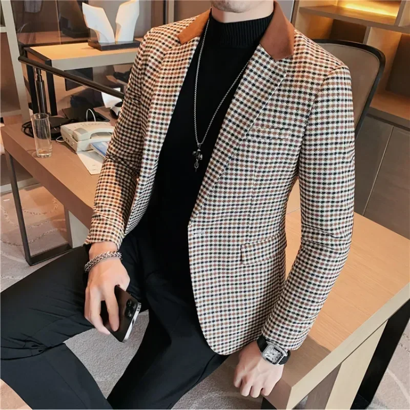 High Quality Suit Men's British Style Slim Elegant Fashion Business Casual Dress Tuxedo Spliced Collar Plover Case Blazer Jacket