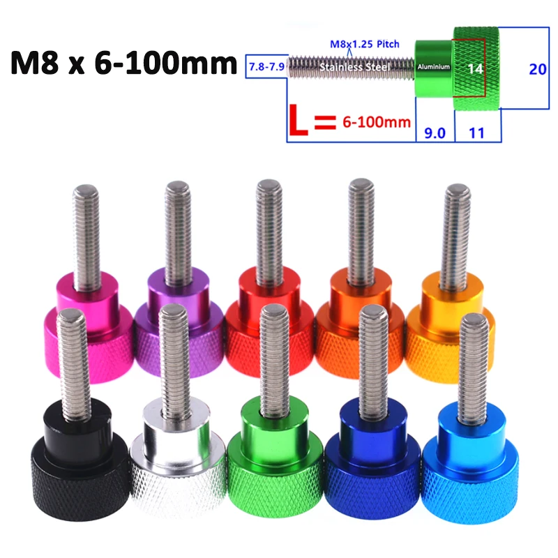 1 шт. M8x6/8/10/12/15/18/20/25/30-100 мм цветной алюминиевый сплав нержавеющий рифленый винт для большого пальца Ручка Рукоятка шаговый болт анодированный