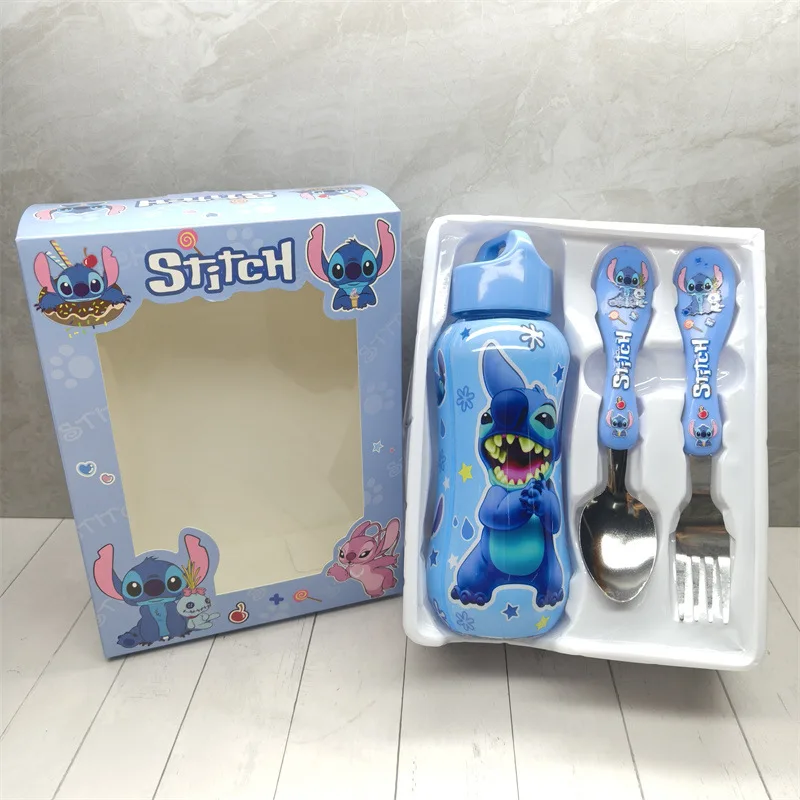 3-delige set Disney-Anime Stitch waterflesset voor kinderen, draagbaar servies, cartoon kinderlepel, vork, buiten, cadeau,