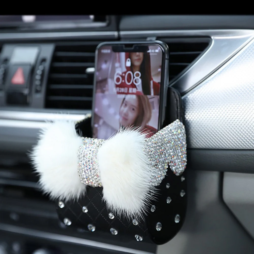 New Crystal Bowknot Car Storage Box Air Outlet Vent Storage Bag Holder Organizer Phone Package Bling Car Accessories for Women