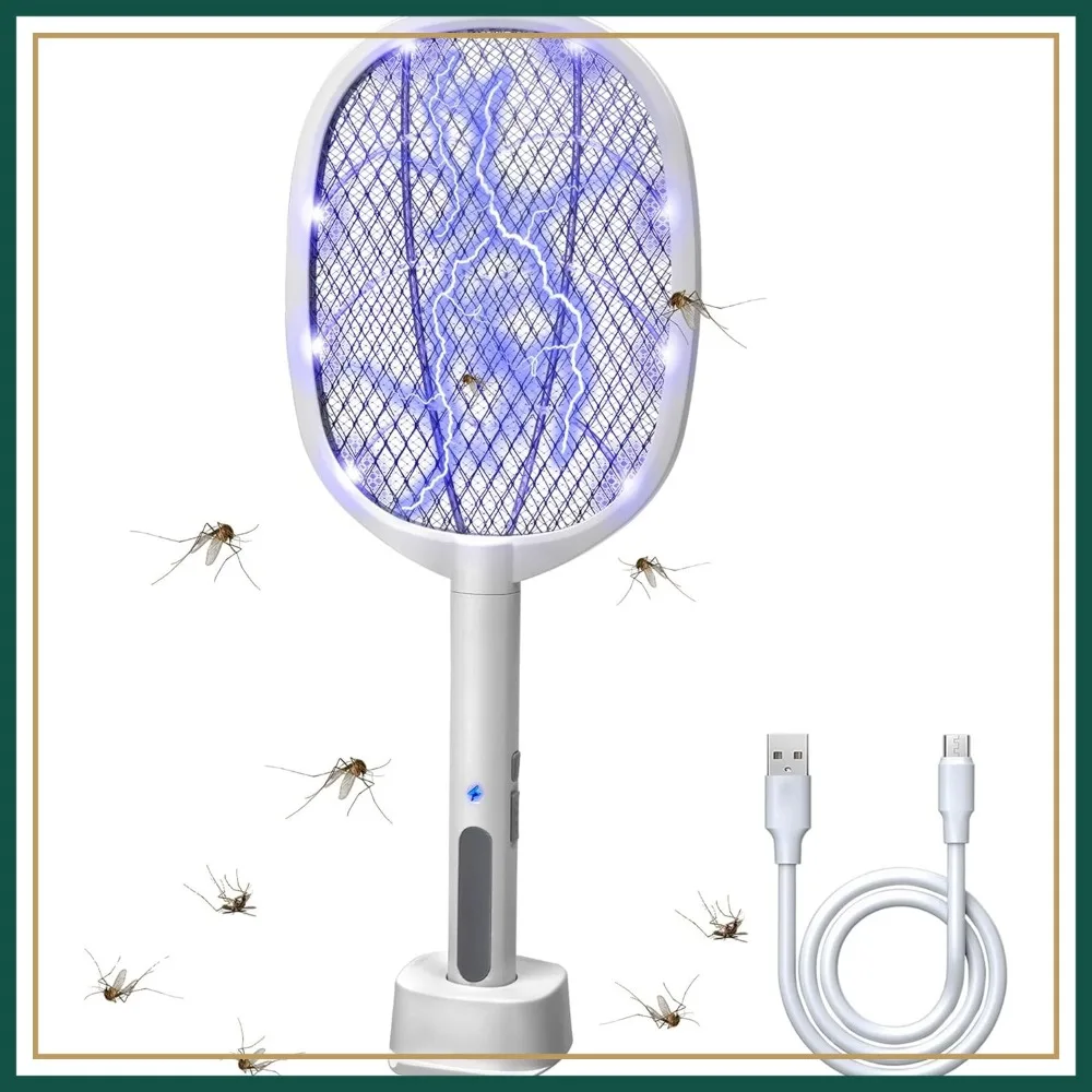 

2-in-1 Electric Bug Zapper Racket, 3000V High Voltage LED Lighted Handheld Mosquito Swatter with 3 Layer Safety Mesh, USB Charging Portable Fly Killer for Indoor Outdoor Use