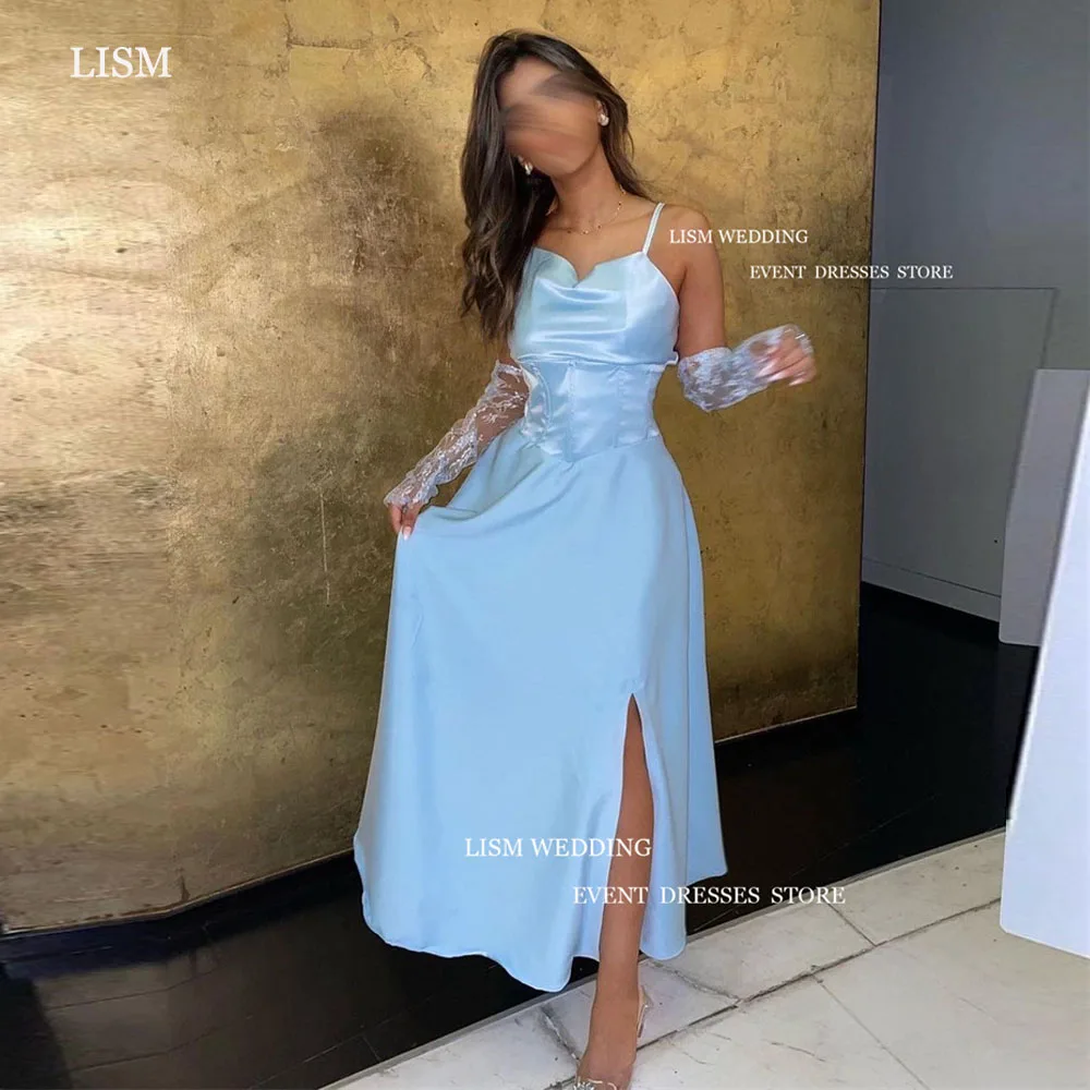 LISM Light Blue Spaghetti Strap Evening Dresses Dubai Arabic Side Split A-line Tea-Length Lace Gloves Formal Prom Gowns