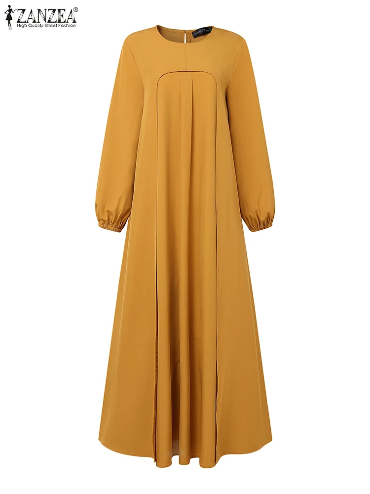 Eid Mubarek Muslim Dresses Abaya 2025 ZANZEA Fashion Women Long Lantern Sleeve Pleated Sundress Robe Femme Islamic Hijab Dress 5