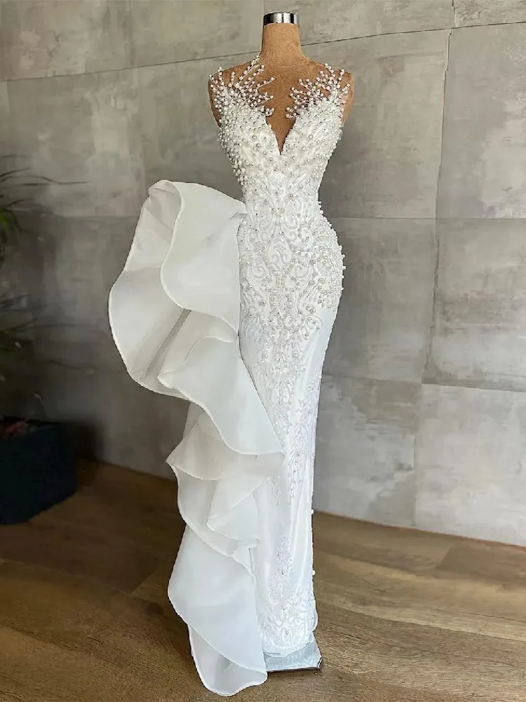 Elegant Mermaid Evening Dresses V Neck Sleeveless Pearls Sequins Lace Satin Appliques Beaded Celebrity Prom Dresses Custom Made