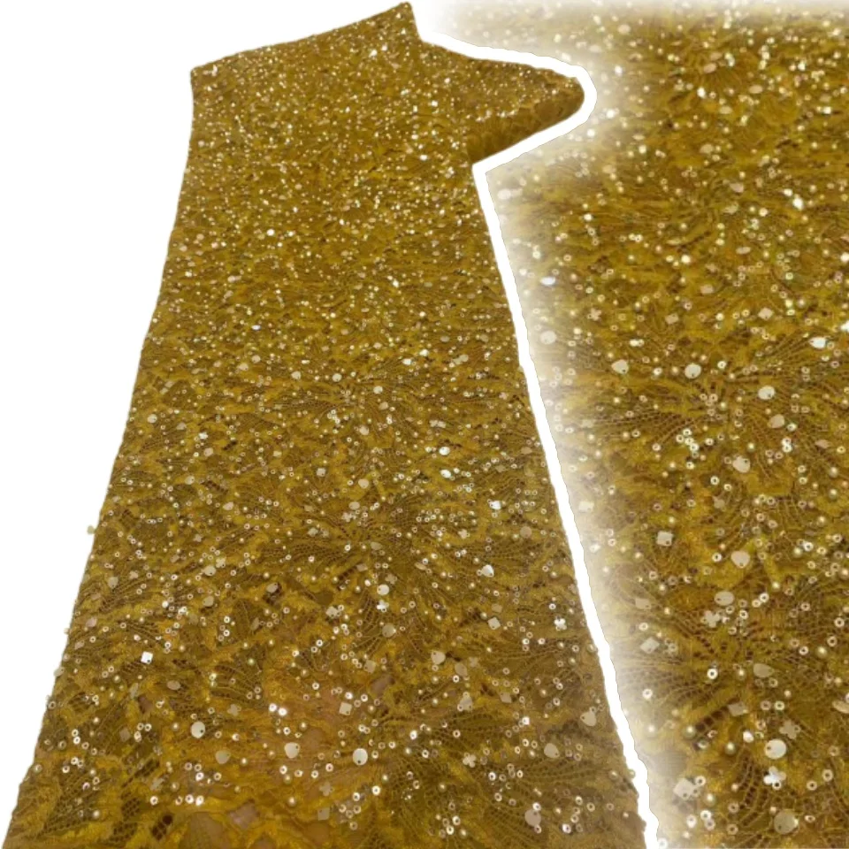 

High Quality 5 Yards French Lace Fabric Nigerian Lace Fabrics African Sequins Beaded Lace Fabric for Wedding Party CC1264