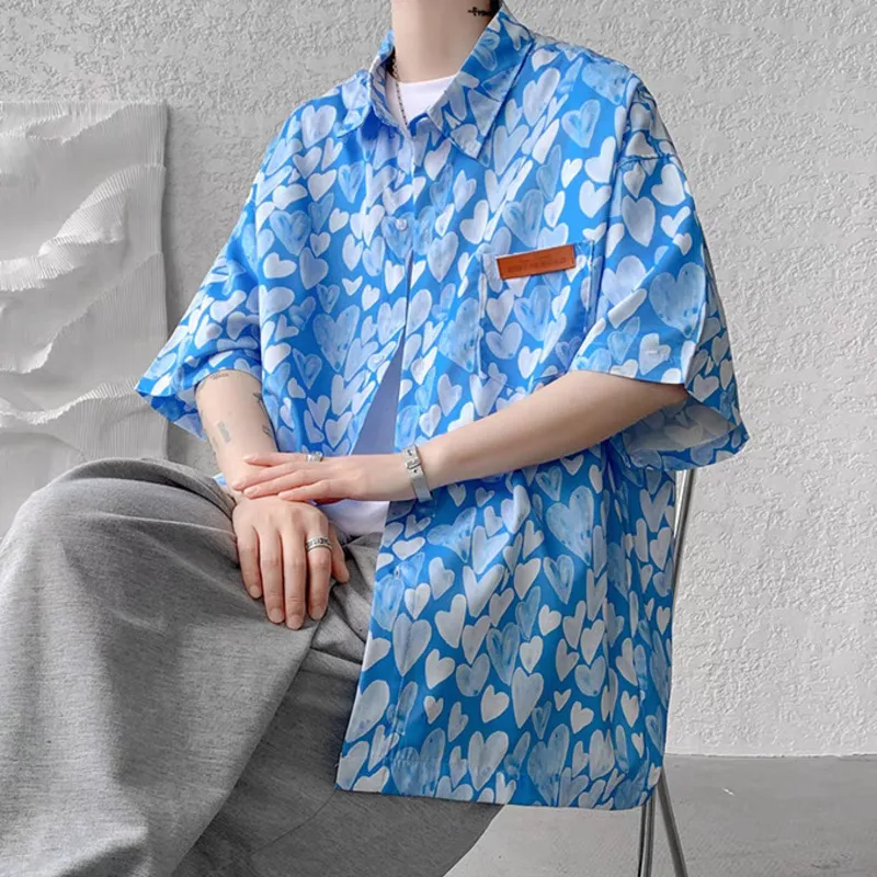 Hiphop Kettingen Korte Mouwen Shirt Dagelijks Mannen Oversized Blouses Hete Zomer Love Print Mode Streetwear Tieners Kleding