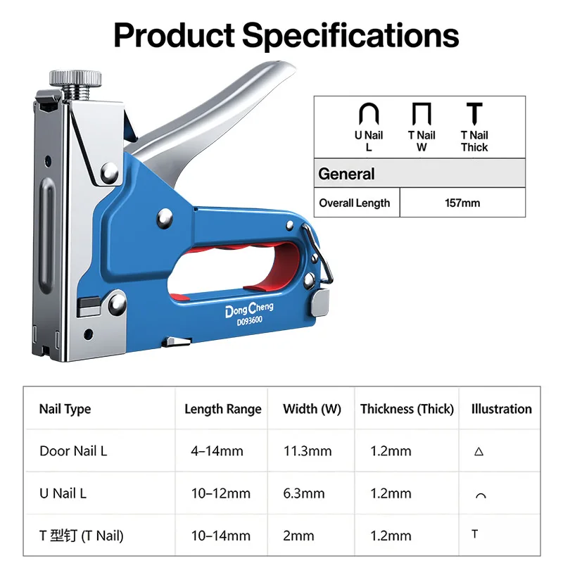3-in-1 Nail Gun Carbon Steel Fits 4-14mm Door T10-14 U10-12 Staples Brad Nailer Multi Tool for Woodworking Furniture DIY