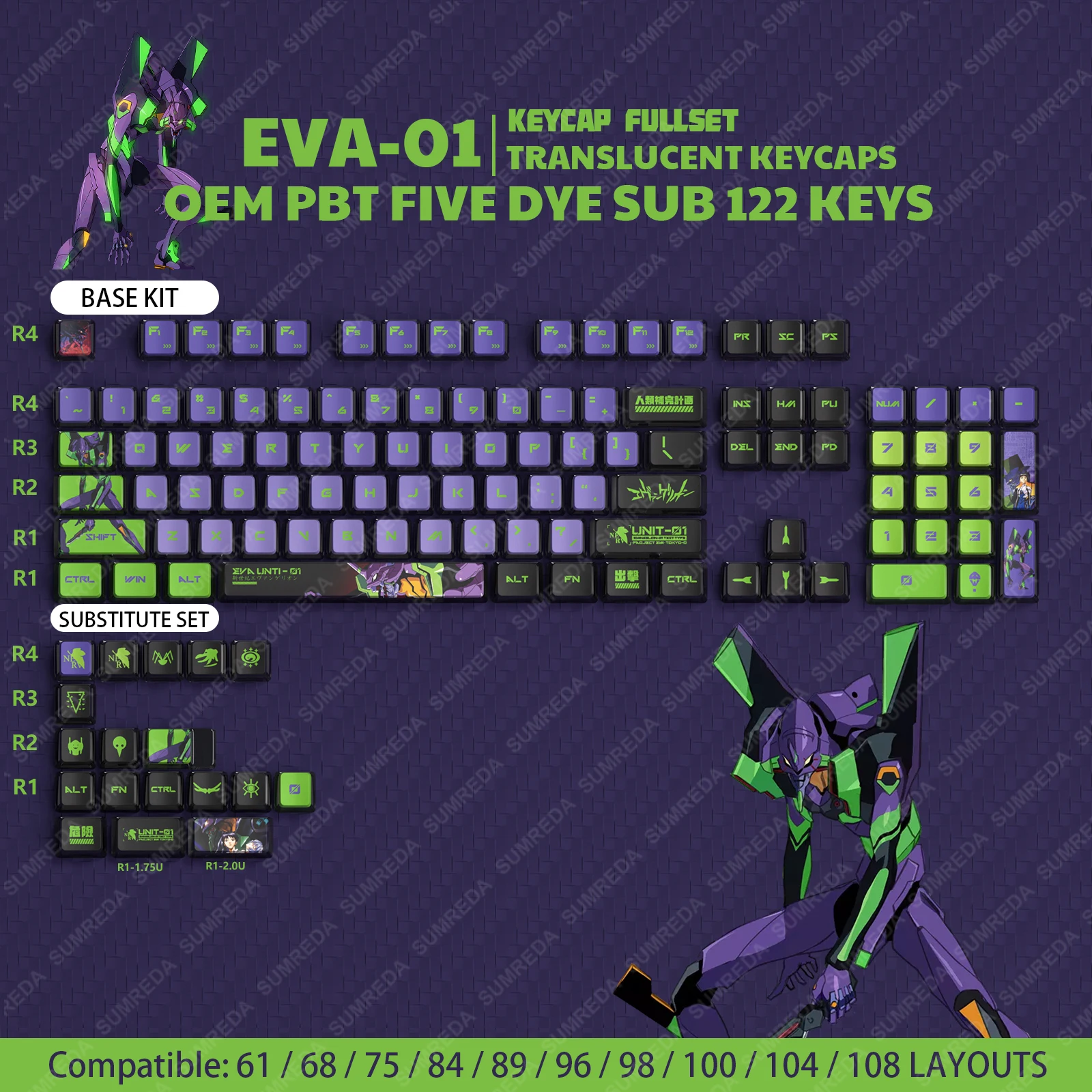 EVA -01 Cartoon Anime Keycaps PBT DYE SUB Pudding Keycaps OEM Profile Backlit Translucent Keycaps For Rainy75 Sugar65 Hi75 Hi8