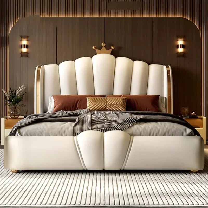 Cama doble de estética nórdica tamaño King, cama doble Queen moderna y barata, Camas de piel sintética de lujo, muebles de dormitorio matrimoniales