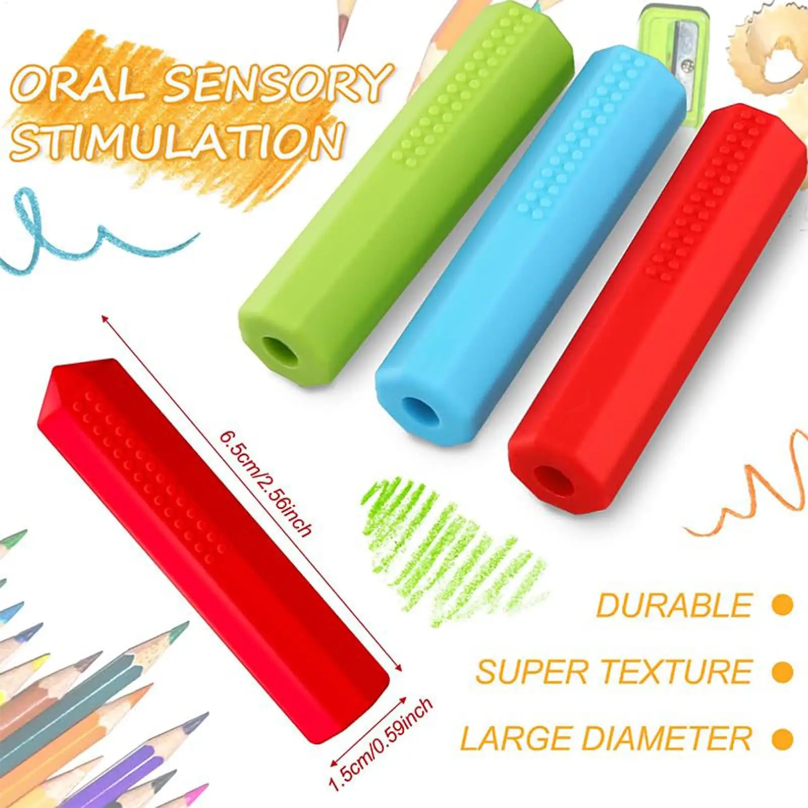 Sensory Pencil Toppers 3-Piece Silicone Pencil Tubes Fidgeting Tool Colored Calming Pen Toppers for Teens Children Youth Boys