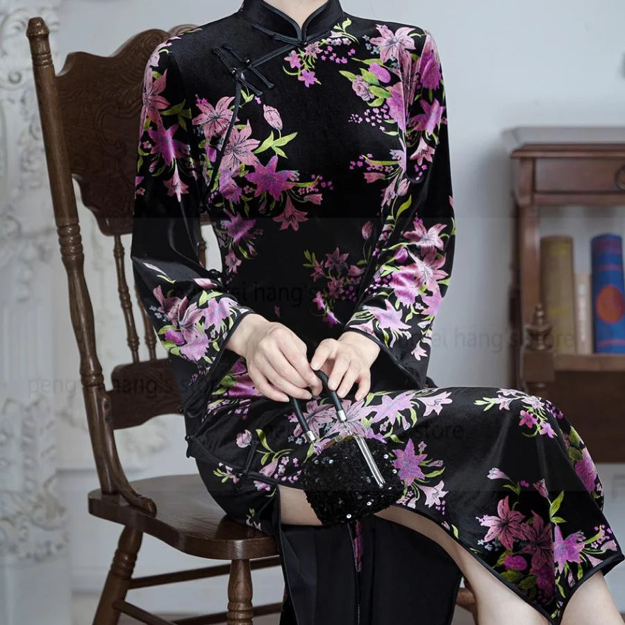 

Chinese Style Velour Cheongsam Dress Elegant Women Warm Flower Qipao Improved China Dresses Long Big Sleeve Vestidos Big Size