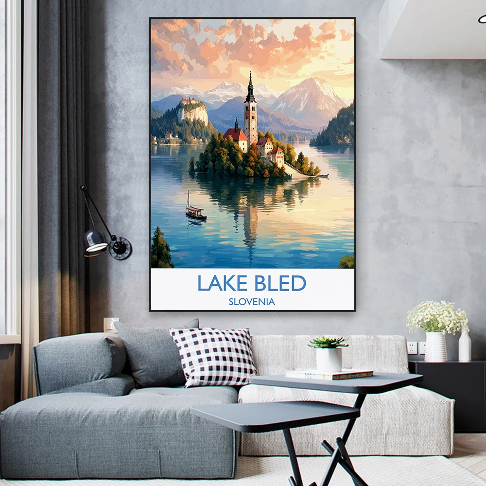 Lake Bled Travel Poster Slovenia City Travel Print of Lake Bled Colorful Watercolor Minimal Prints Canvas Painting Home Decor