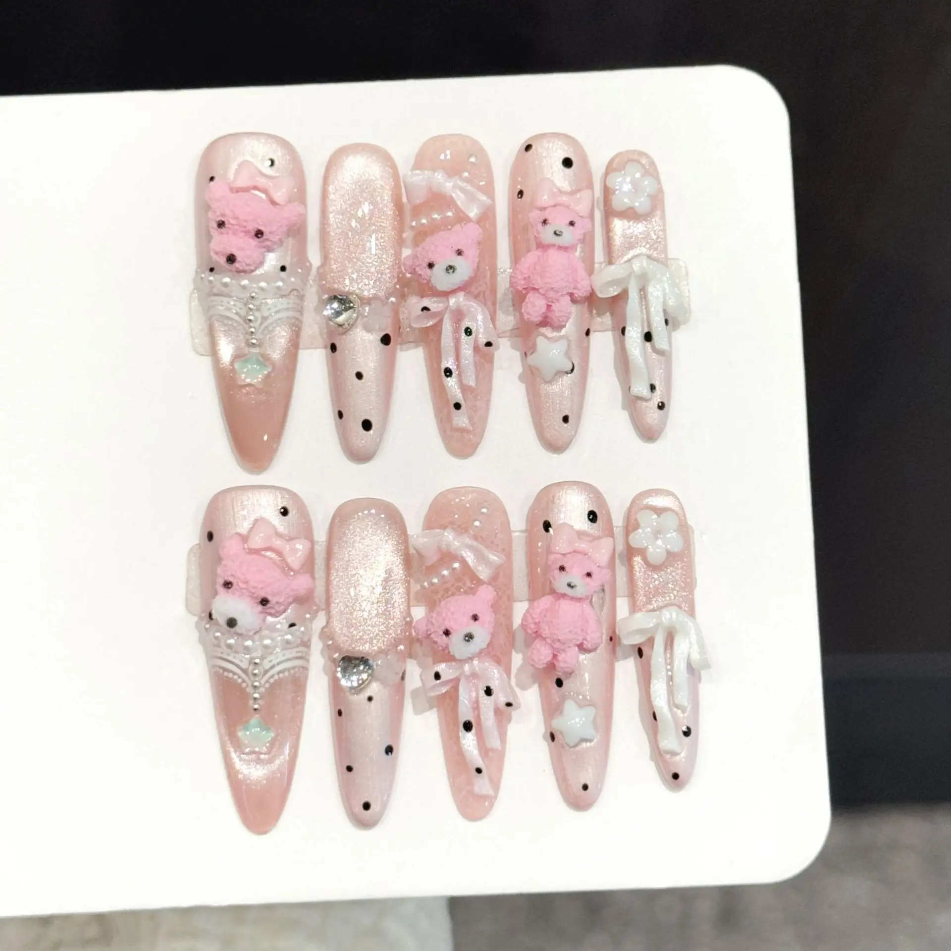 

10PCS Handmade Press on Nails Cute Pink 3D Little Bear Nail Art Sweet Pearl Lace Bowknot False Nails for Women Party Dating