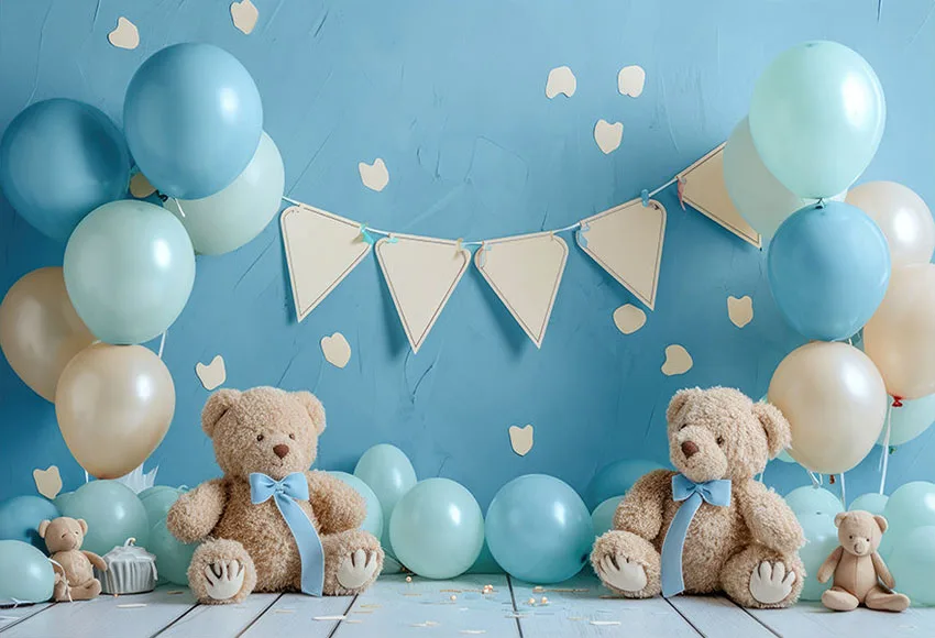 Mehofond Photography Background Baby Blue Cute Bear Balloon Kids Birthday Party Cake Smash Portrait Decor Backdrop Photo Studio